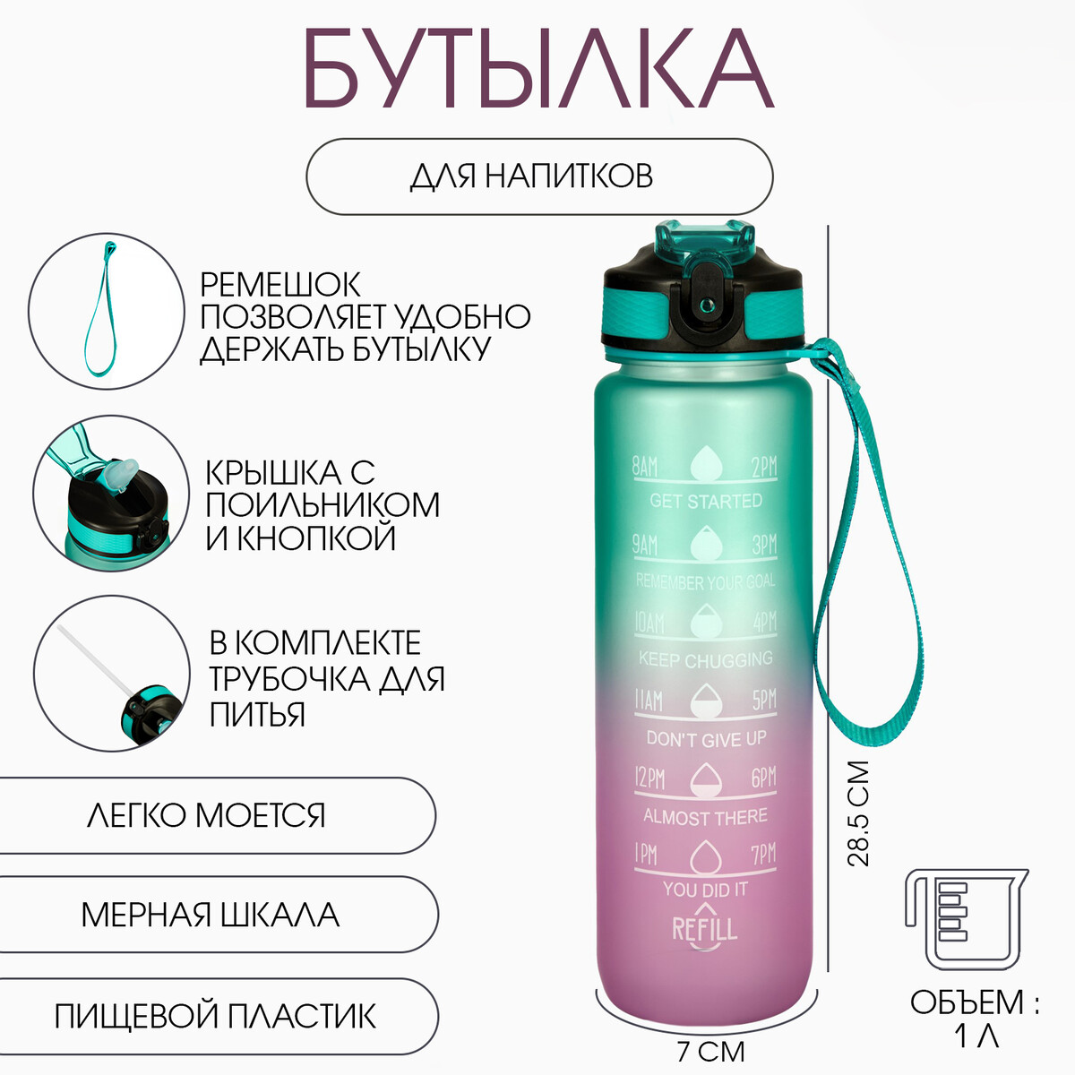 Бутылка для воды refill, 1 л, 28.5×7 см
